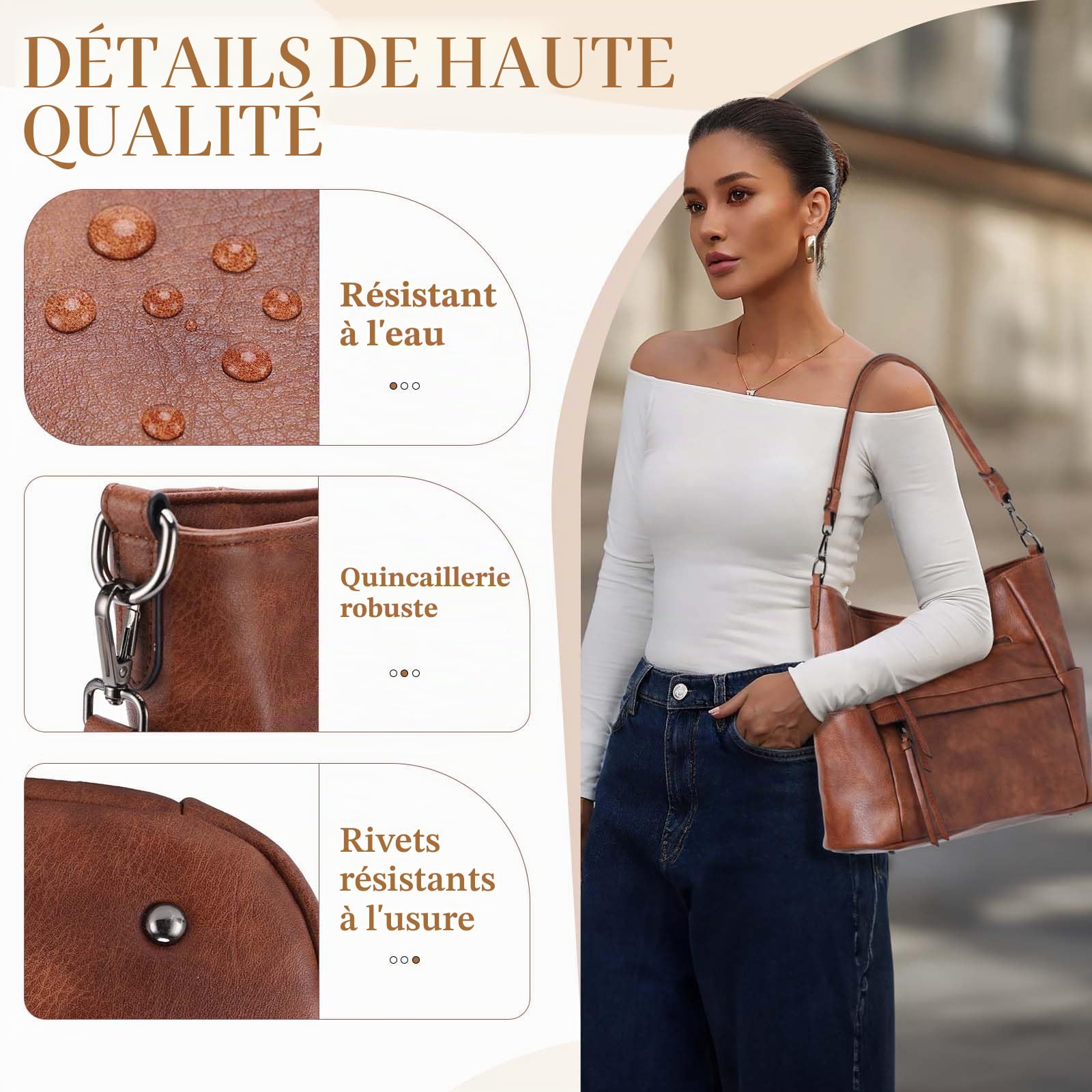 VASCHY Sac à Main Hobo Femme, Sac Bandoulière Femme Cuir PU Grande - Sacs à Main Portés Épaule/Portés Main avec Portefeuille pour Shopping, Travail et Voyage