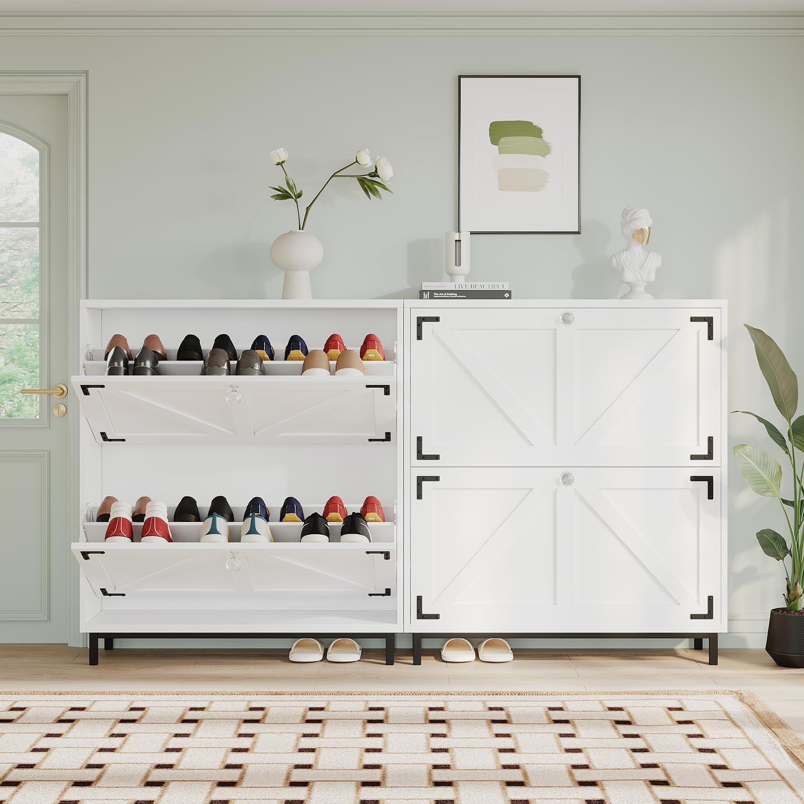 VOWNER Zapatero Entrada Recibidor, 2 Puertas, Zapatero Blanco, Particiones Ajustables, Madera, para Entrada Estrecha, con Patas de Acero, 80 x 24 x 92 cm, Pasillo
