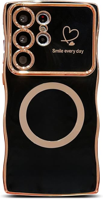 phylla for Samsung Galaxy S24 Ultra 5G 6.8" Phone Case Compatible with Magsafe Cute Curly Wave Frame Luxury Plated Love Hearts Raised Lens Protection Shockproof Soft Magnetic Cover for Women Black