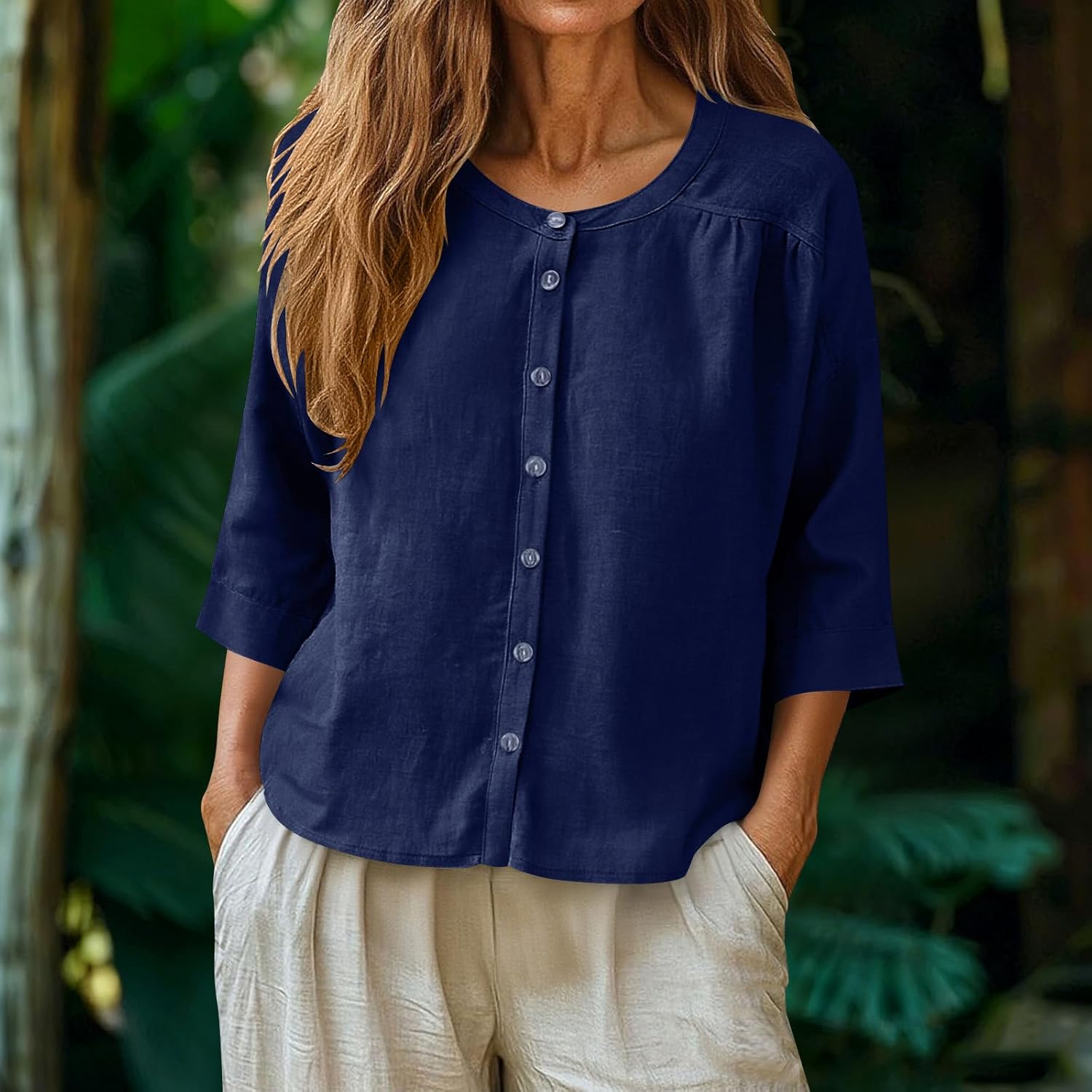 SMIDOW Summer Tshirt Shirts For Women - 3/4 Sleeve Cotton Linen Button Down Tunic Tops Casual Loose Round Neck Blouses - Image 2