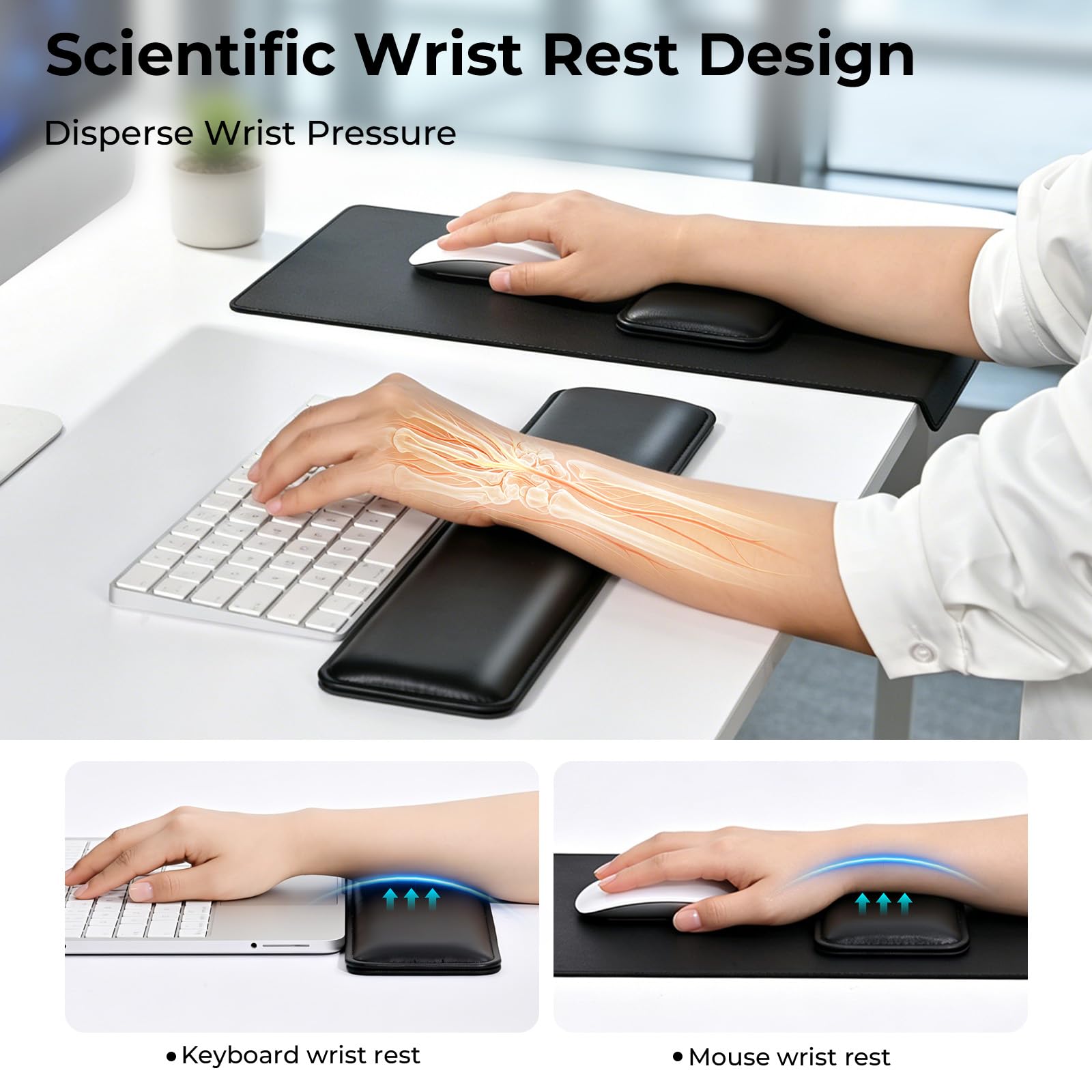 EooCoo Alfombrilla Ratón, Alfombrilla Escritorio, Reposamuñecas Teclado | Comodidad Ergonómica para Muñeca, Superficie Lisa de Cuero Premium, Set Completo de 3 Piezas, Ideal para Regalar
