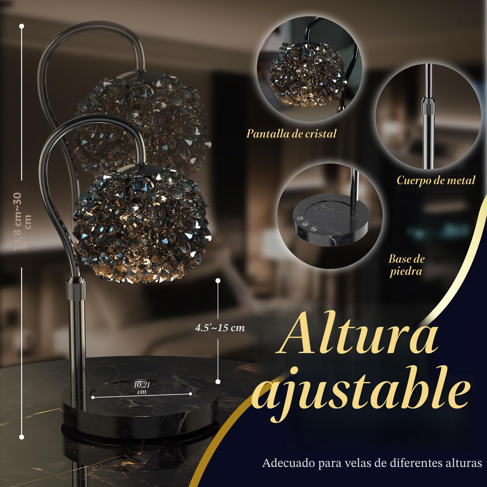Genérico Lámpara calientavelas de lujo con temporizador y brillo regulable, pantalla de cristal de gemas y base premium. Ajustable para derretir cera, ideal para decoración del hogar(Negro)