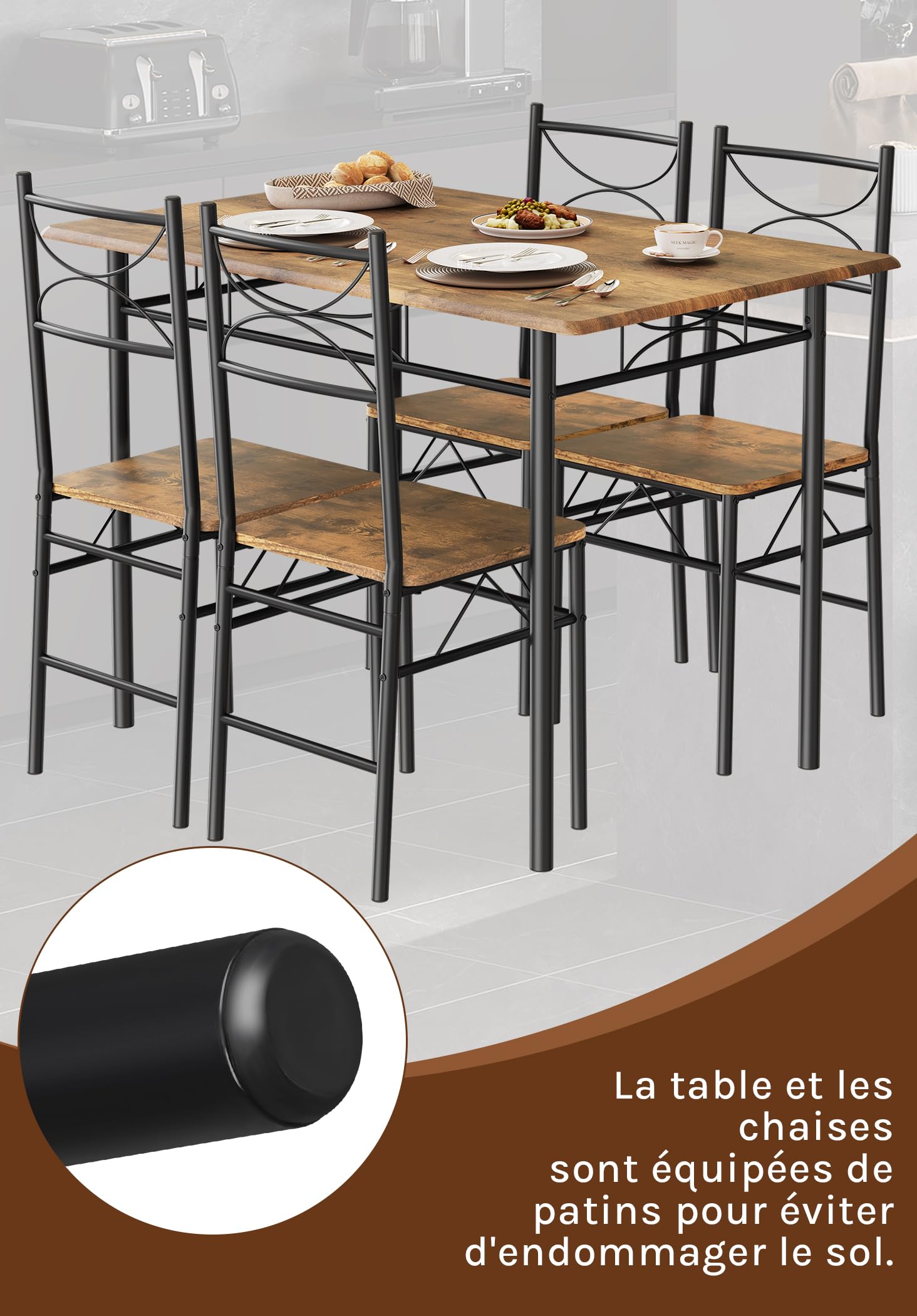 WOLTU Table à Manger avec 4 Chaises, Table de Cuisine pour 4 Personnes, MDF Métal Marron Rustique Noir