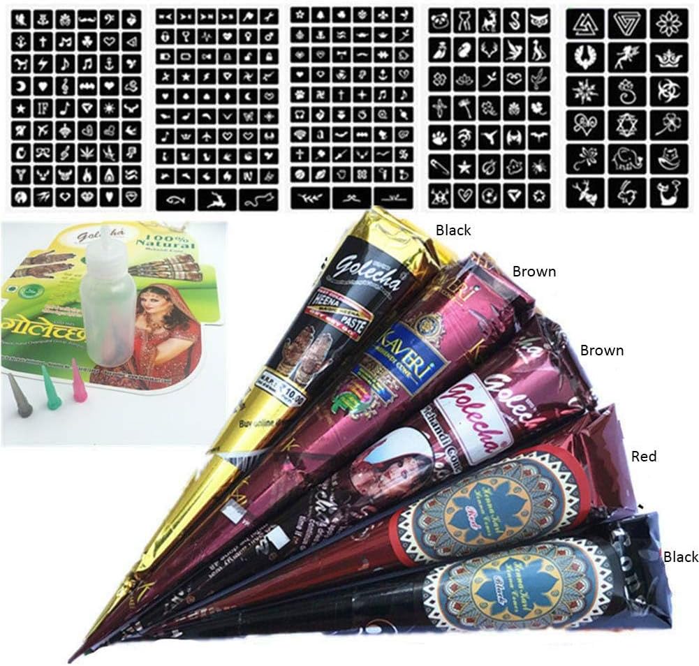 Heoolstranger Temporary Tattoo Kit - 5 Colors Temporary Tattoo Paste Cone With 5 Sheets Template Set, 1 X Czech Bottle Set (black/brown/red)