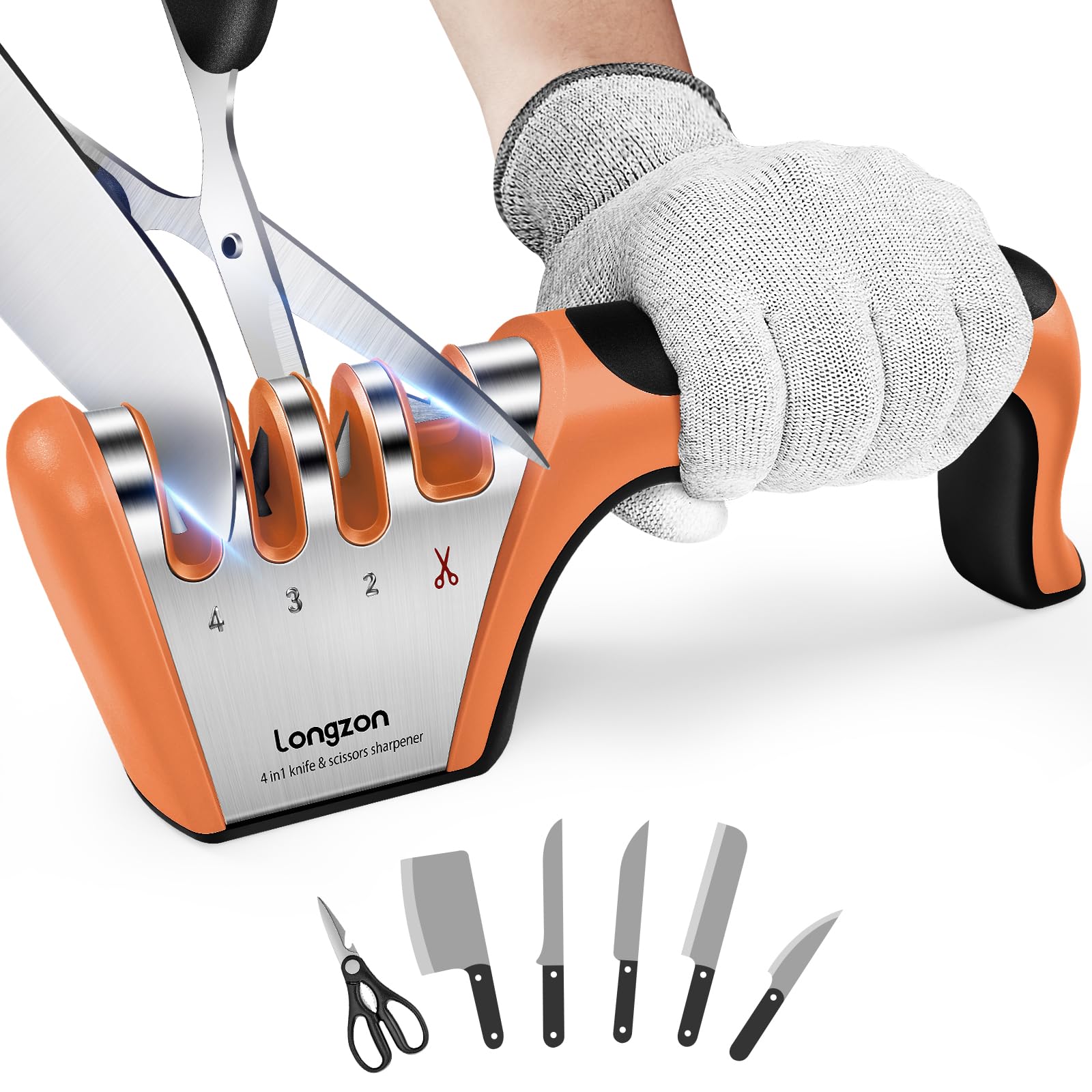 longzon 5-in-1 Knife Sharpener 4 Stage with Cut-Resistant Glove, Quickly Sharpens & Restores Dull Blades, Easy & Safe for Home Kitchen Use, Fits Most Knives and Scissors, Black+Orange
