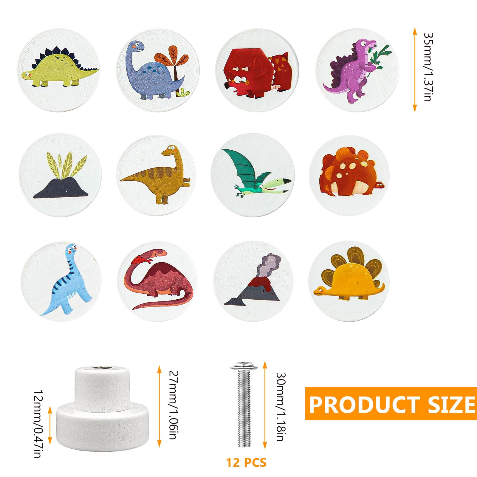 12 Pièces Bouton Tiroir de Meuble Bois, Rond, Motifs Dinosaures, Blanc pour Placards, 30 mm avec Vis, Chambre D'enfant (1)