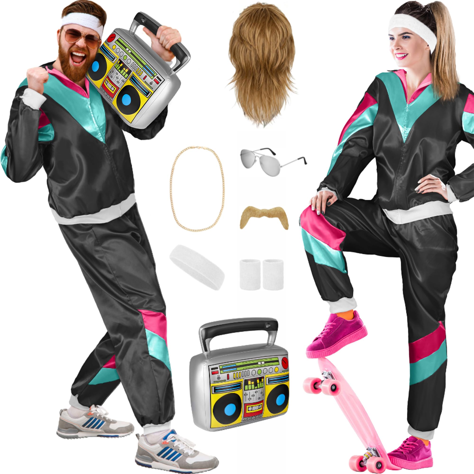Balinco 80s Outfit Women/Men, Tracksuit Carnival Costume Set, Mullet Wig, Beard, Chain, Pilot Glasses, Sweatbands, Ghetto Blaster (Black, Petrol, Pink, XXL)