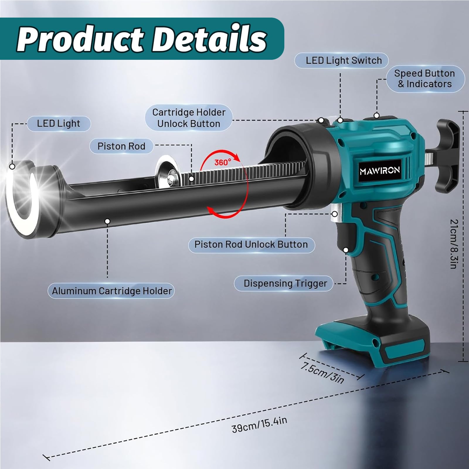 Pistola de calafateo con batería de 2 x 3000 mAh, prensa eléctrica de cartuchos con luz LED y 4 velocidades, para cartuchos de 300 ml, sellado, masilla