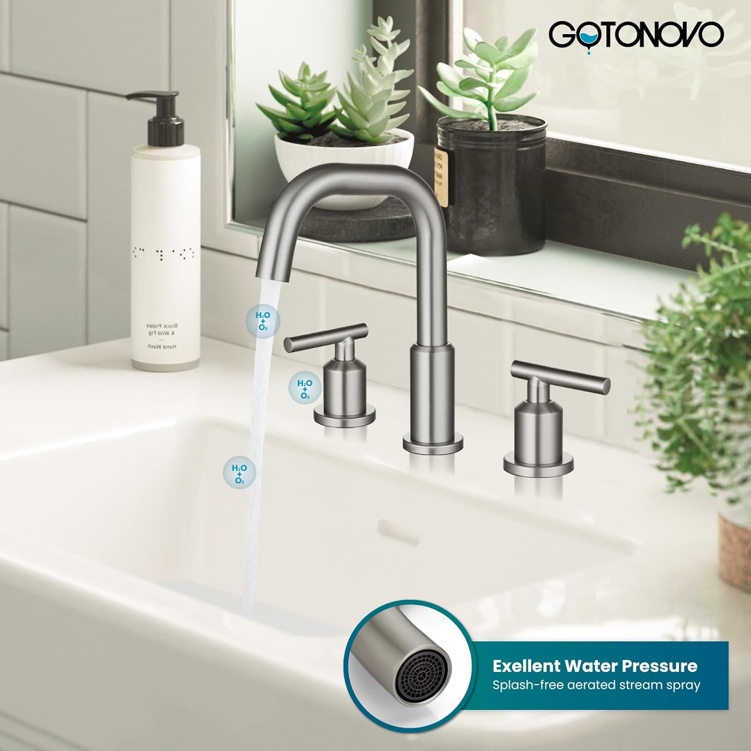 gotonovo 8 Inch Widespread Bathroom Sink Faucet 3 Hole 2 Handles Lavatory Basin with Pop Up Drain with Hot and Cold Mixer Valves Vintage Brushed Nickel