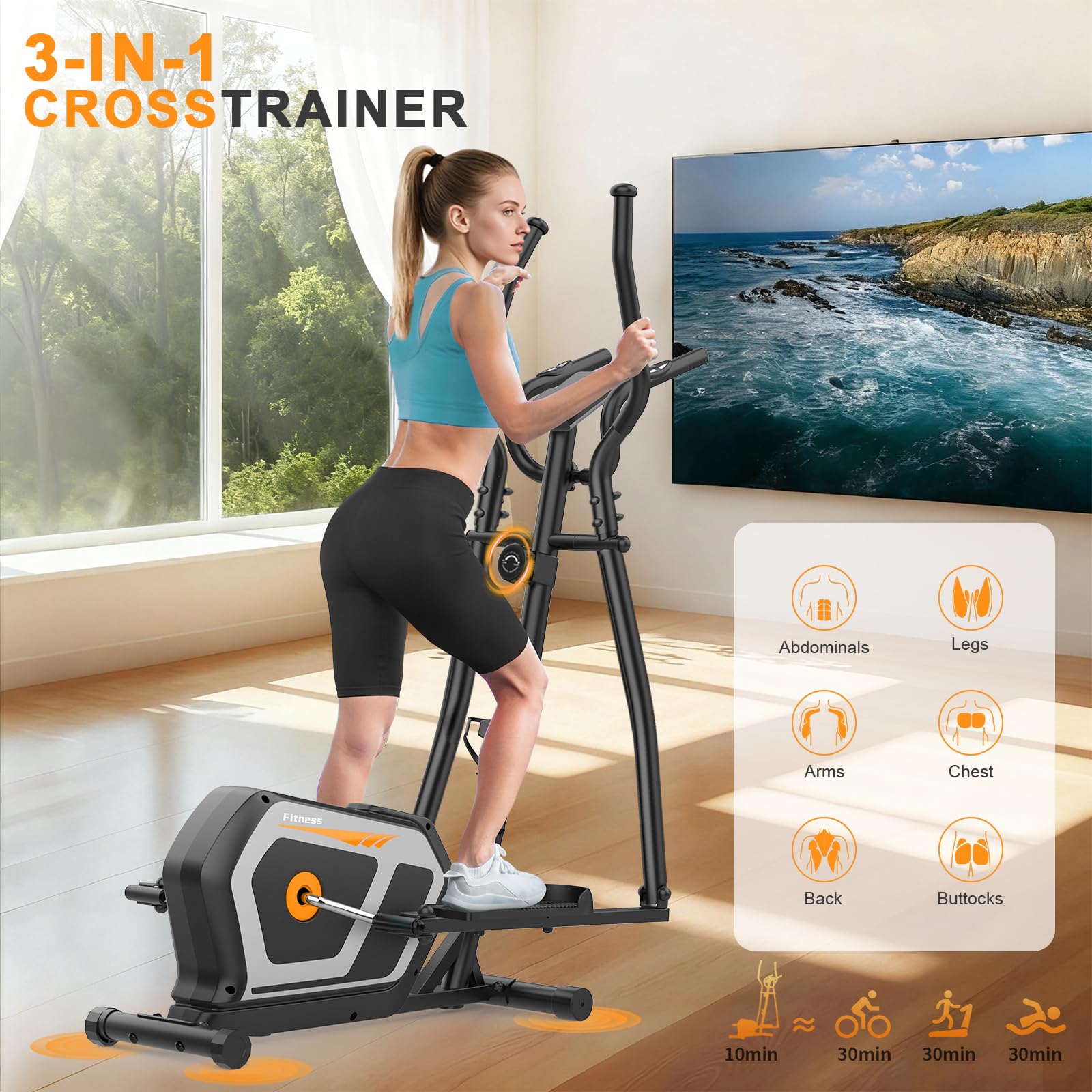 Vélo elliptique,3 en 1 vélo elliptique avec16 Niveaux de résistance, écran LCD, Porte-Bouteille,Pédale Antidérapante,capacité de Charge de 287LBS,Stepper elliptique aérobique