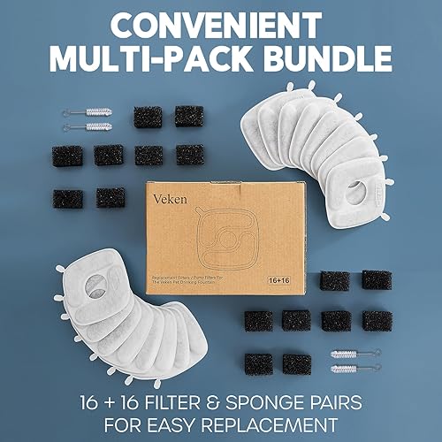 Miniatura 9 de Veken Filtros de fuente de agua para gatos, paquete de 16 filtros de repuesto y 16 esponjas de repuesto para dispensador automático de agua para