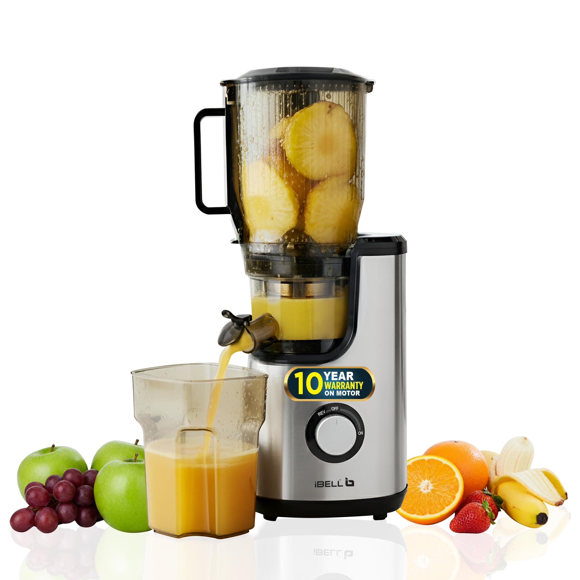 iBELL Slofusion1300 Juicer Machine| Masticating Juicer with Reverse Function | 99% Juice Yield | 3 Strainer | Easy to Clean | Fruit, Vegetable & Nut Milk Extractor | 10 Year Warranty | (Silver)