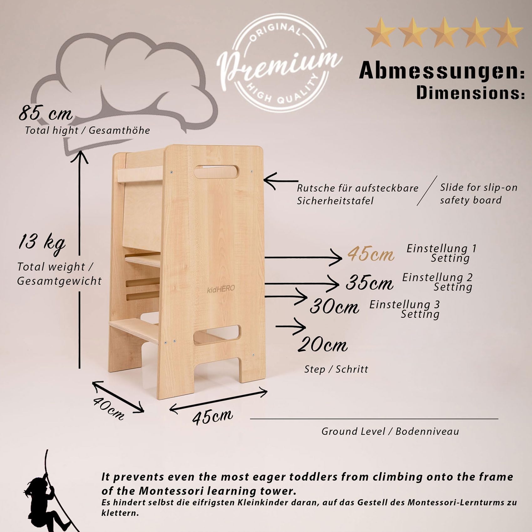 PaLulli® Höhenverstellbarer Montessori Lernturm ab 1 Jahr mit Kippschutz – 3-stufiger Learning Tower für Jungen & Mädchen – Sicherer Küchenhelfer Tritthocker für Kinder