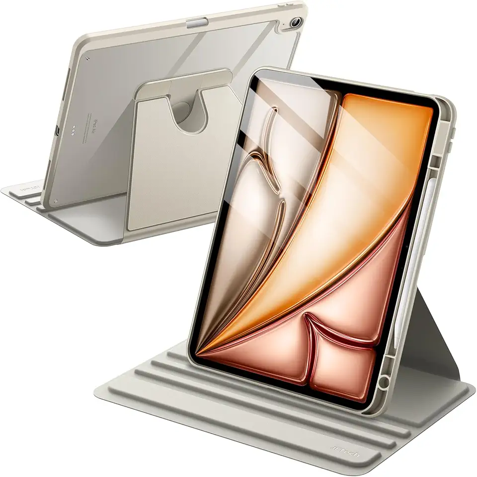 JETech Capa Giratória para iPad Air 13 Polegadas M3/M2 (2025/2024) com Porta-Pencil, Capa Protetora de Rotação de 360 Graus, Parte Traseira Transparente (Estrela Branca)