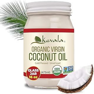 Kevala Organic Coconut Oil - Great for High-Heat Cooking and Baking at Home, Ideal for Oil Pulling Due to Its Antimicrobial Properties and Pleasant Taste, Easy Storage with a Glass Jar of 16 oz