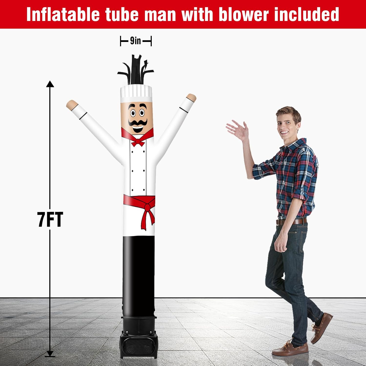 7FT Tall Inflatable Tube Man Chef Wacky Wavy Dancing Guy with Weather-Resistant Blower (9''Diameter) for Outdoor Decoration Advertising Business Promotion