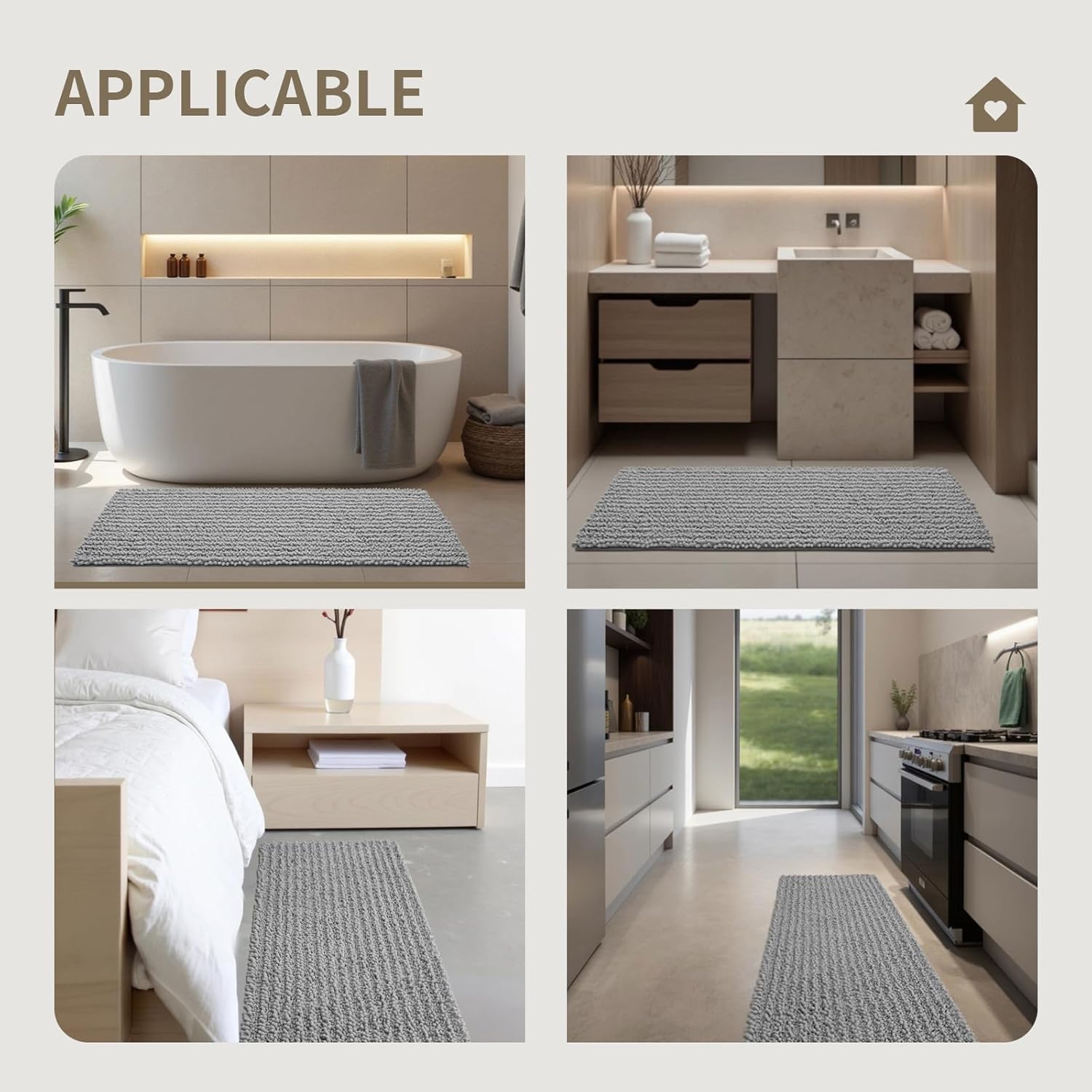 Bathroom Rugs Non Slip Washable, Extra Thick Soft Chenille Absorbent Bath Mat, High Density Barrier Non Slip Backing, Quick Dry Plush Shaggy Floor Carpet for Tub&Shower , Grey