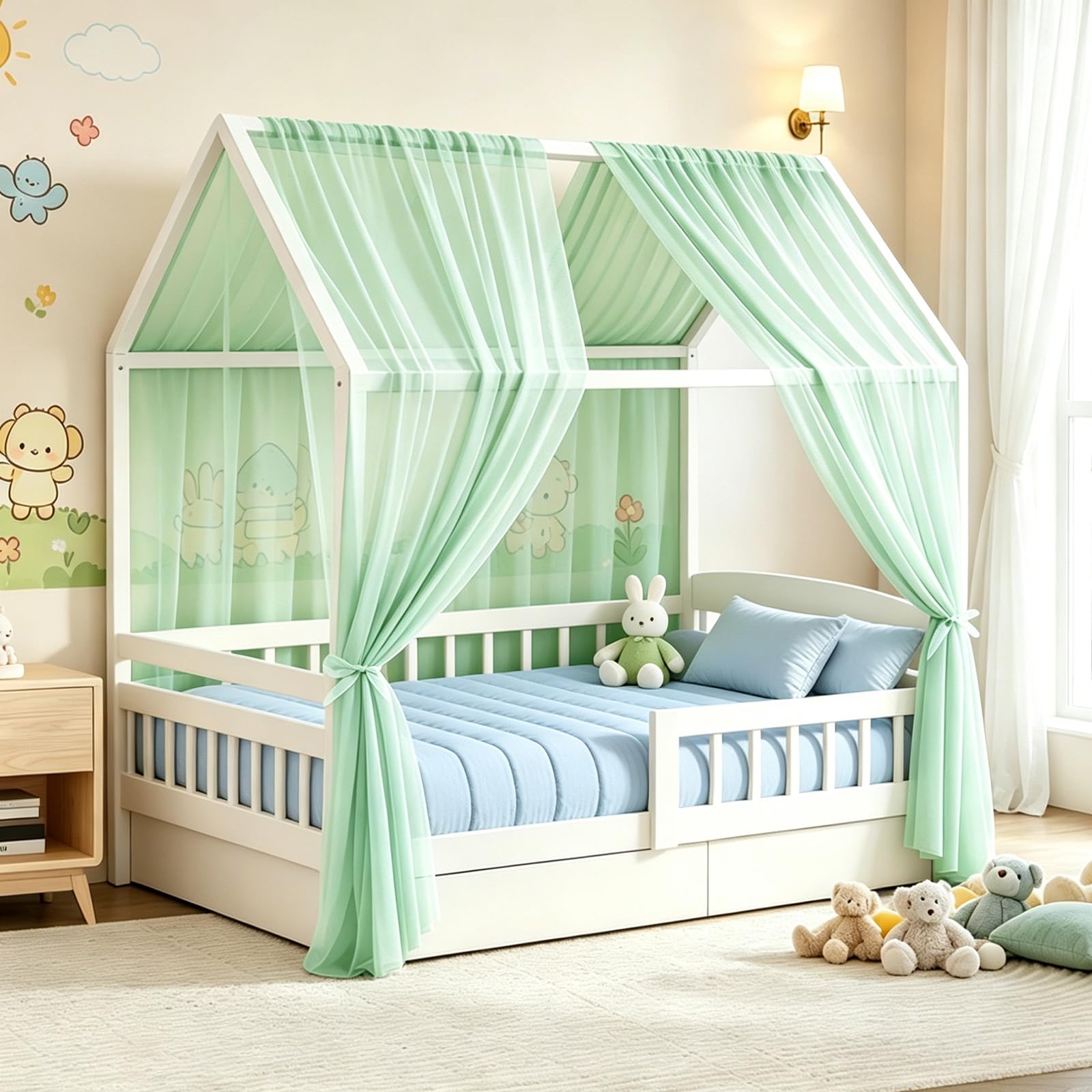Ciel De Lit Cabane, Rideau Cabane, Ciel Décoratif pour Maison Fille et Garçon – Rideau De Lit pour Enfant (Mousseline De Coton) (Vert, H350CM X W150CM)