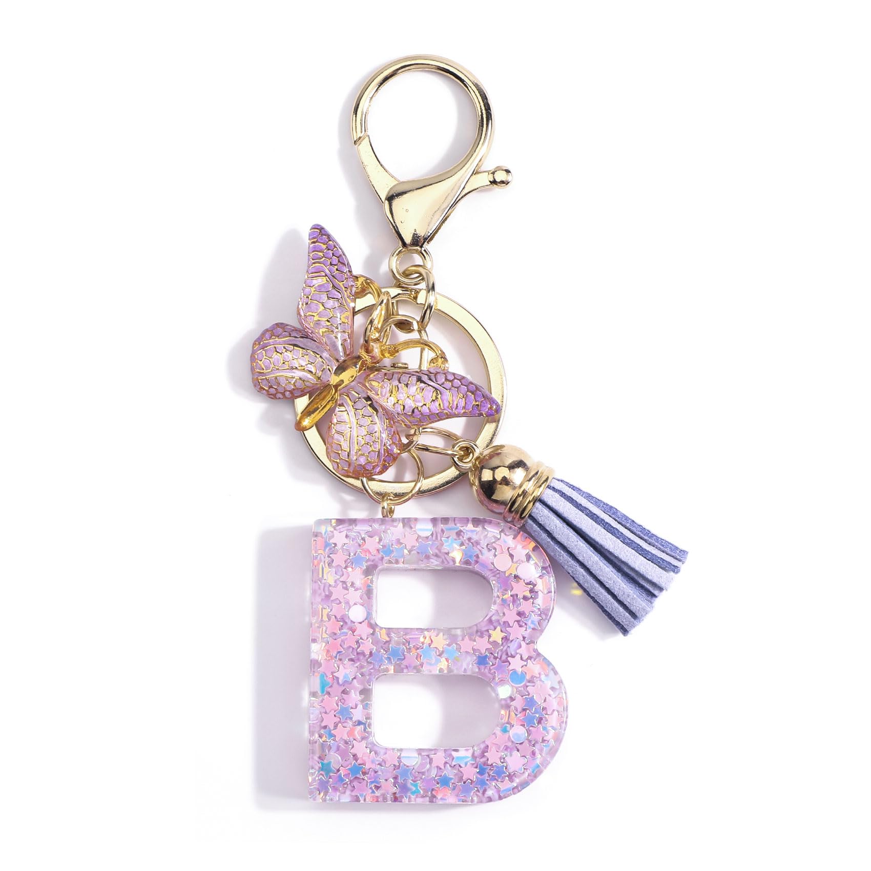 Gallkeat Schlüsselanhänger mit Buchstabe, Schmetterling Anhänger, Quaste Pailletten Frauen Schlüsselanhänger Geschenk, Mädchen Geburtstagsgeschenk, Lila