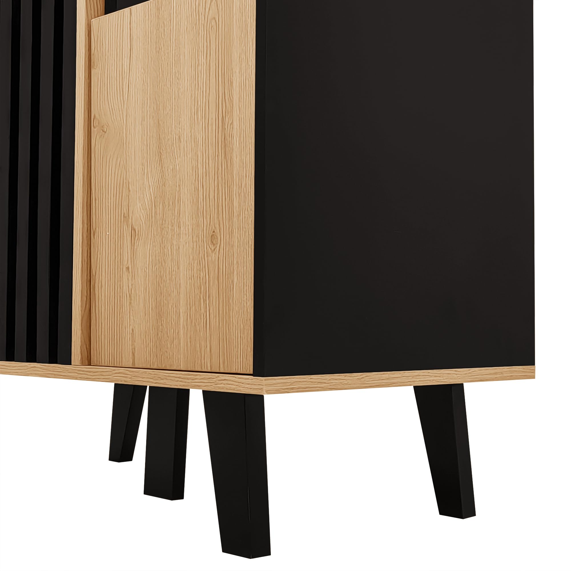 KAZZIO Armarios auxiliares, aparador, vitrinas con cristal e iluminación LED. Contiene laminados, una combinación de colores negro y madera, diseño único de rayas de madera negra