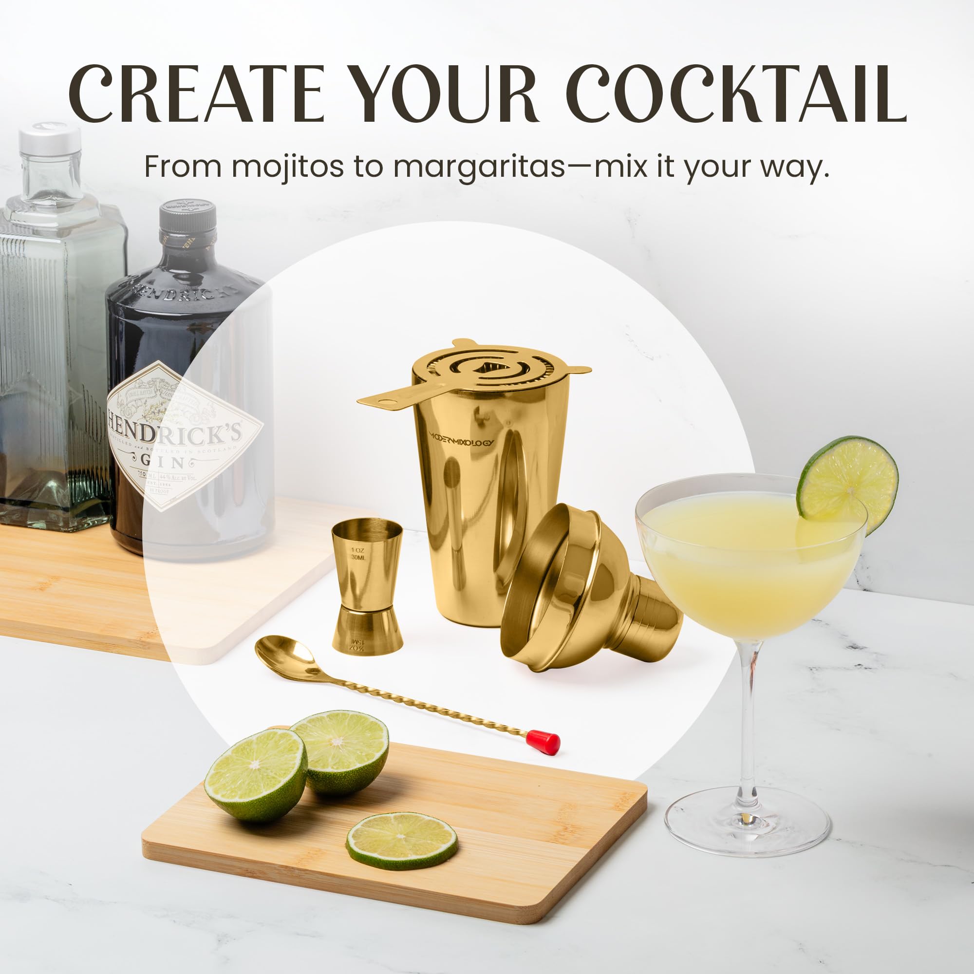 Mixology Bartender Kit con supporto | Oro con supporto in legno di pino, set shaker per cocktail - Strumenti da bar: shaker Martini, Jigger, colino, cucchiaio, pinze, apri | Nuova idea regalo per