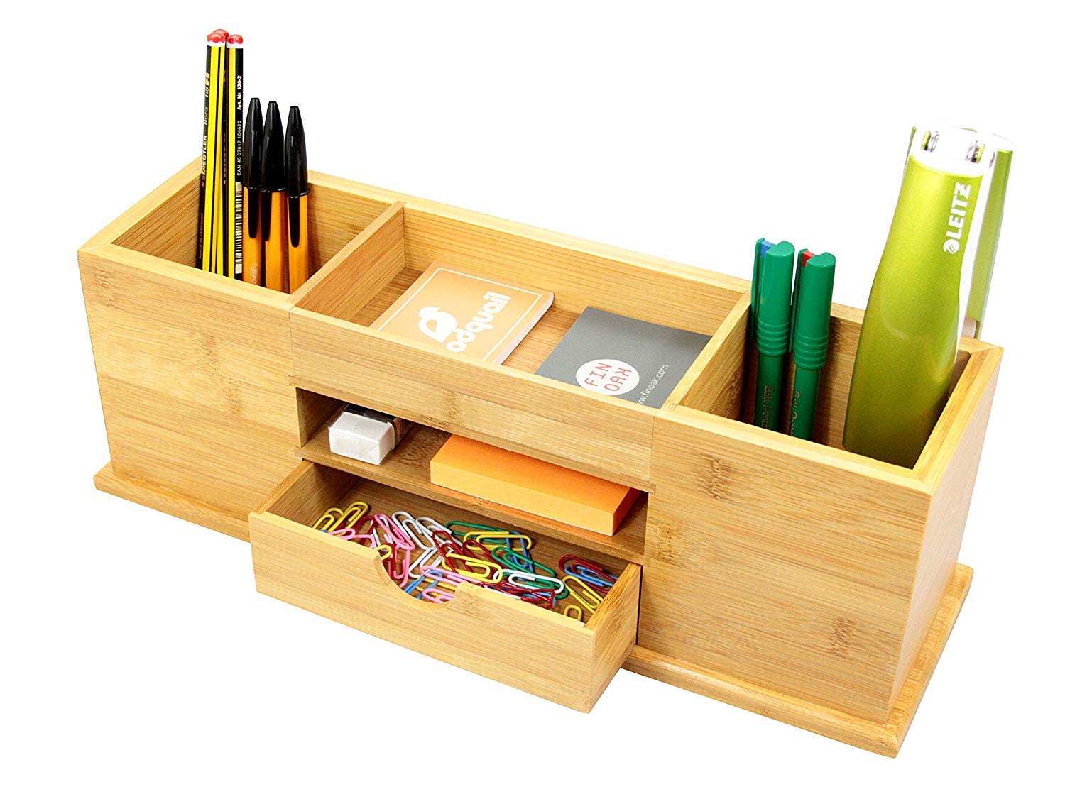 Woodquail Schreibtisch-Organizer mit Schublade, Stifthalter, 5 Fächer, aus Natürlichem Bambus