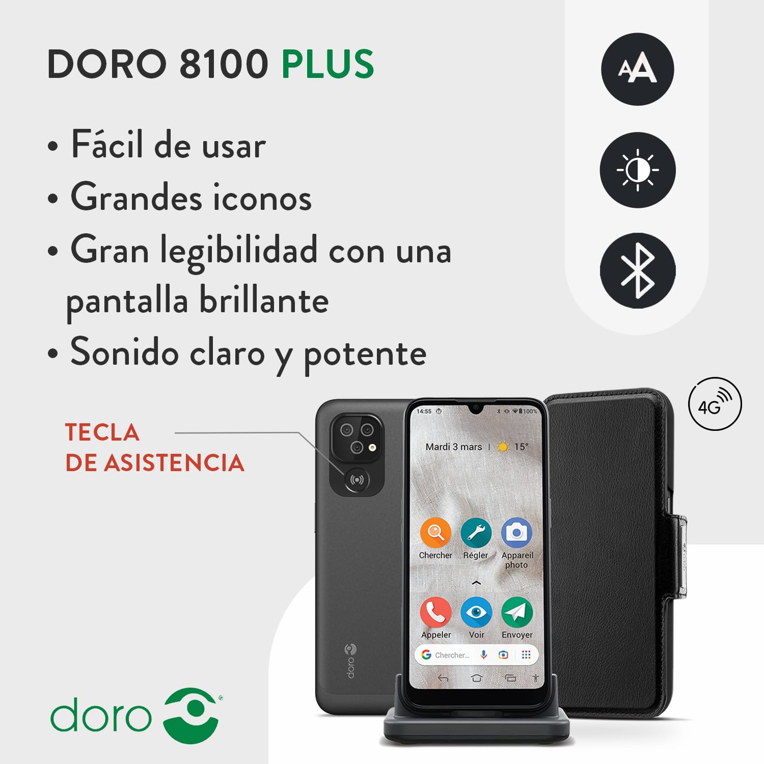 Doro 8100 Plus 4G Smartphone Android Seniores - Teléfono Móvil para Mayores - Fácil - Resistente al Agua - Triple Cámara 13MP - Pantalla 6.1" - Botón SOS - GPS - 2GB +32GB - Base Carga - Funda