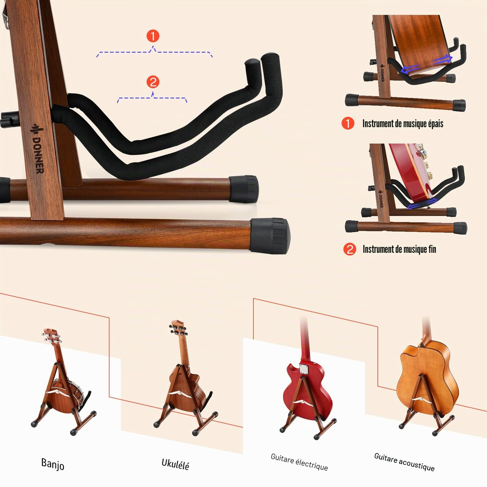 Donner Support Guitare en Bois Porte Guitare, A-frame Stand Guitare Pliable Portable pour Guitare Acoustique et Electrique, Ukulélé, Basse