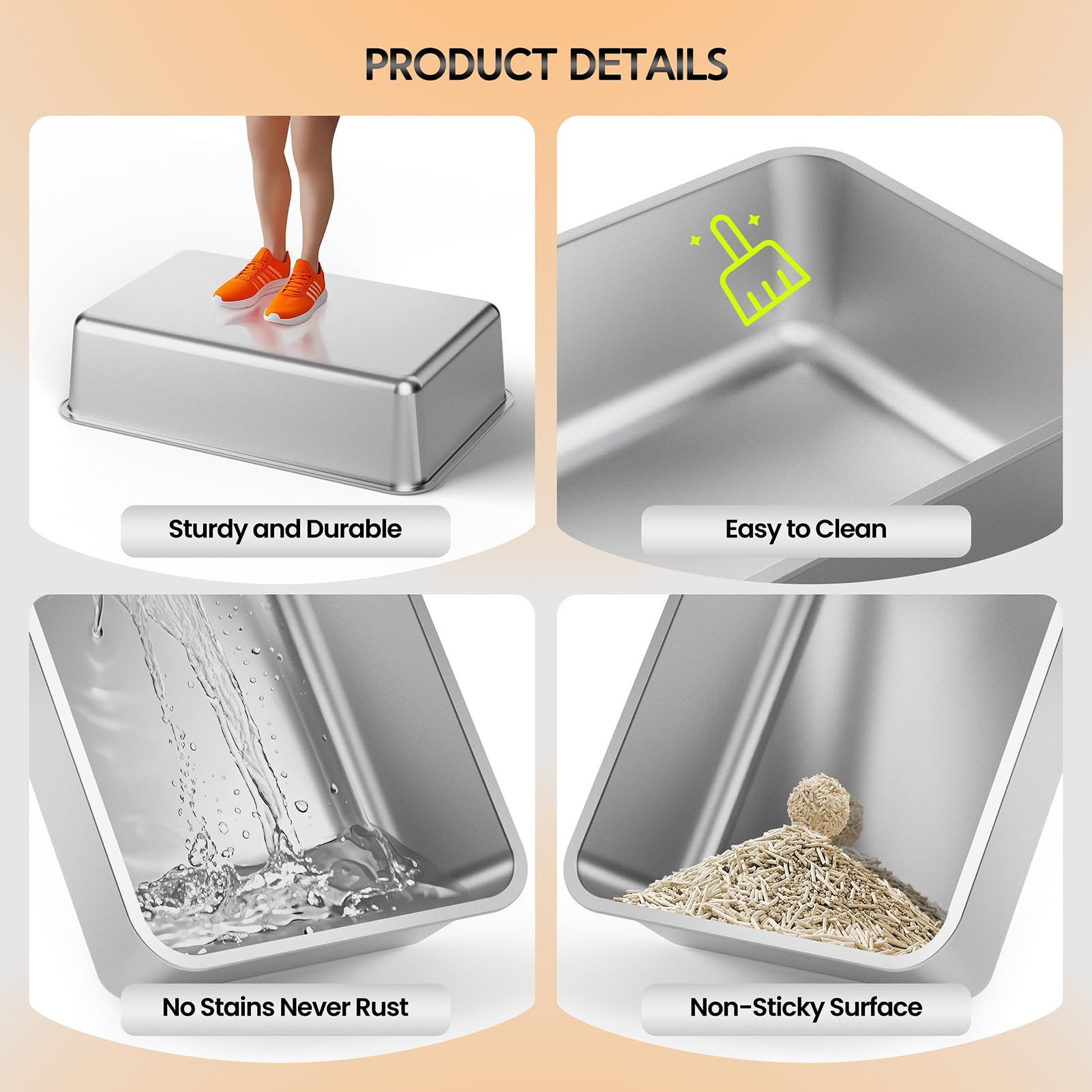 WIN4ALL Stainless Steel Cat Litter Box With Lid - Extra Large 24x16x12 Inches, High-Sided Enclosed Pan, Grey - View #6