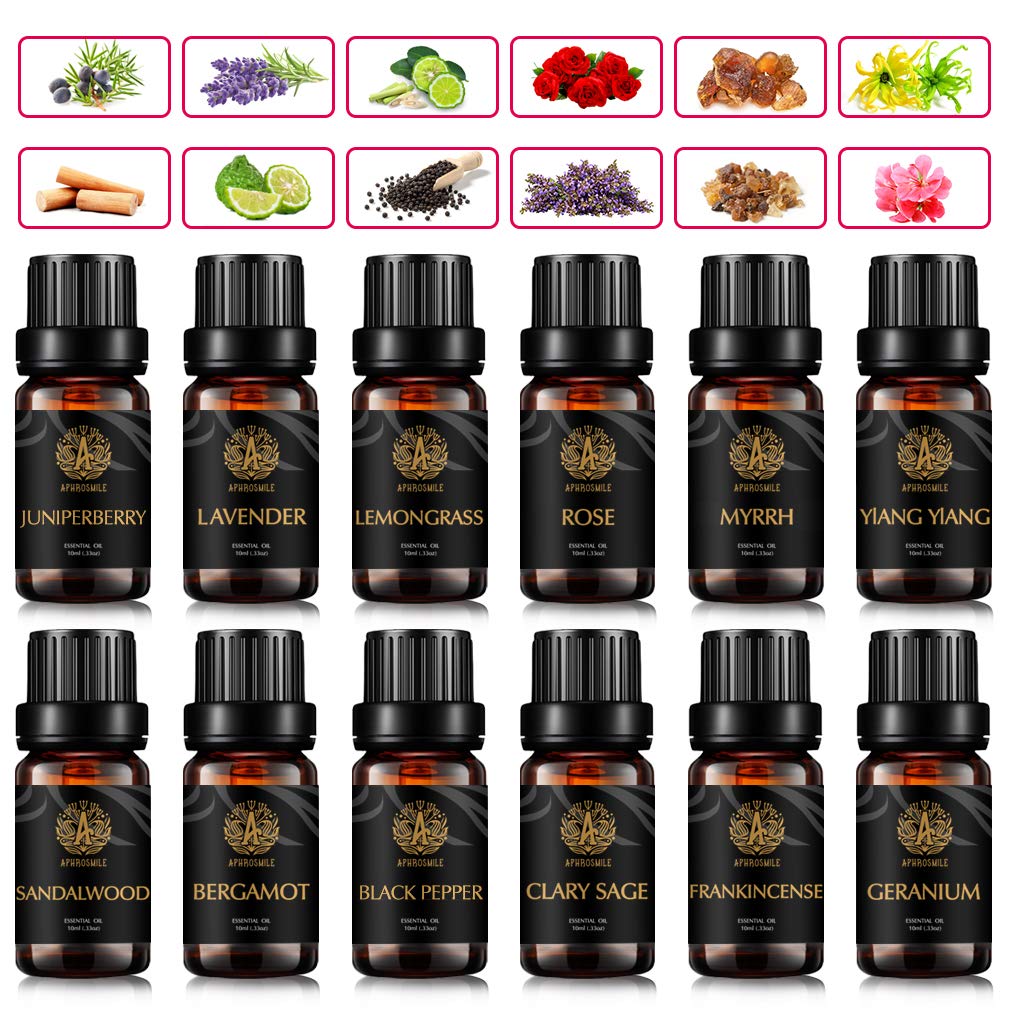 Aromaterapia Lavanda aceite esencial para difusor, 100% pure mirra Aceites Esenciales Kit-bergamota,Negro pimienta,hierba de limón,Ylang Ylang aceite etc, 12x10mlaceite esencial Kit