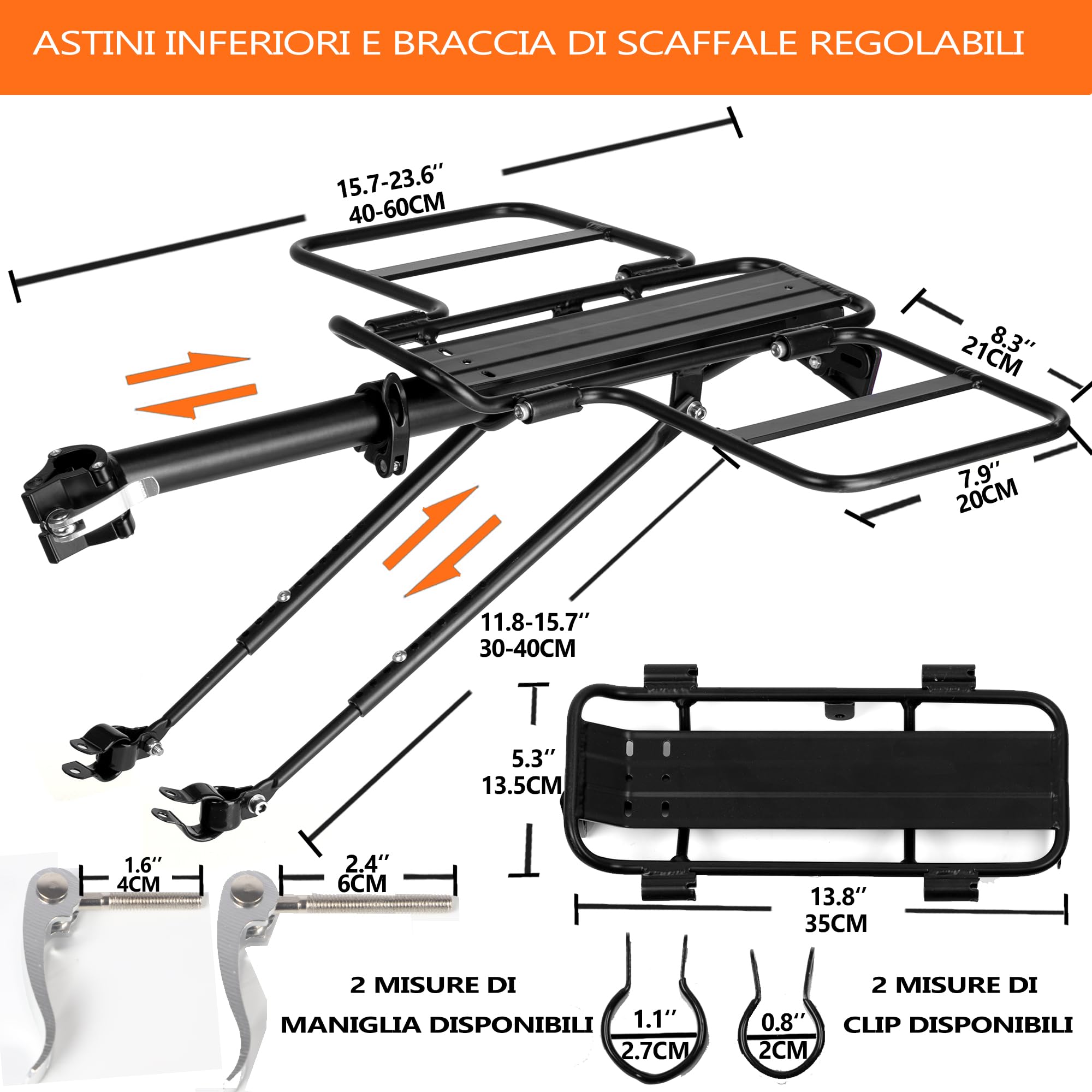 Portapacchi Posteriore per Bicicletta, Portapacchi Pieghevole con Alette Larghe, Sgancio Rapido, Universale, Grande Capacità, Altezza Regolabile, Adatto per 61-73,5 cm