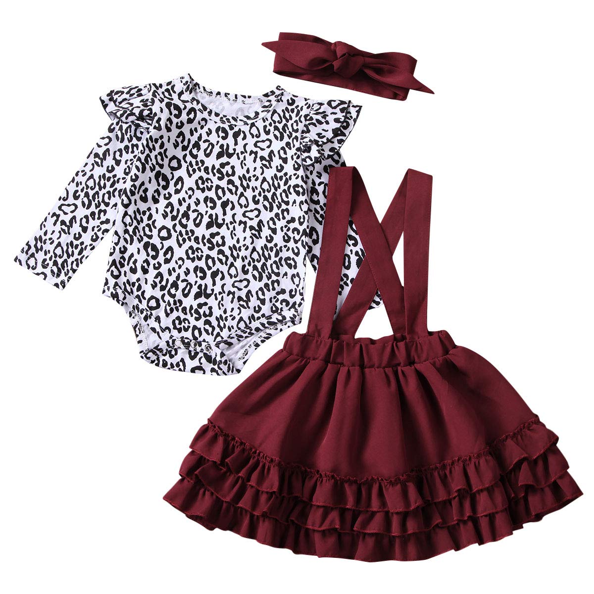 Newborn Baby Girl Suspender Skirt Set Long Sleeve Ruffle Leopard Romper Tutu Skirt Strape Dress Headband Outfits