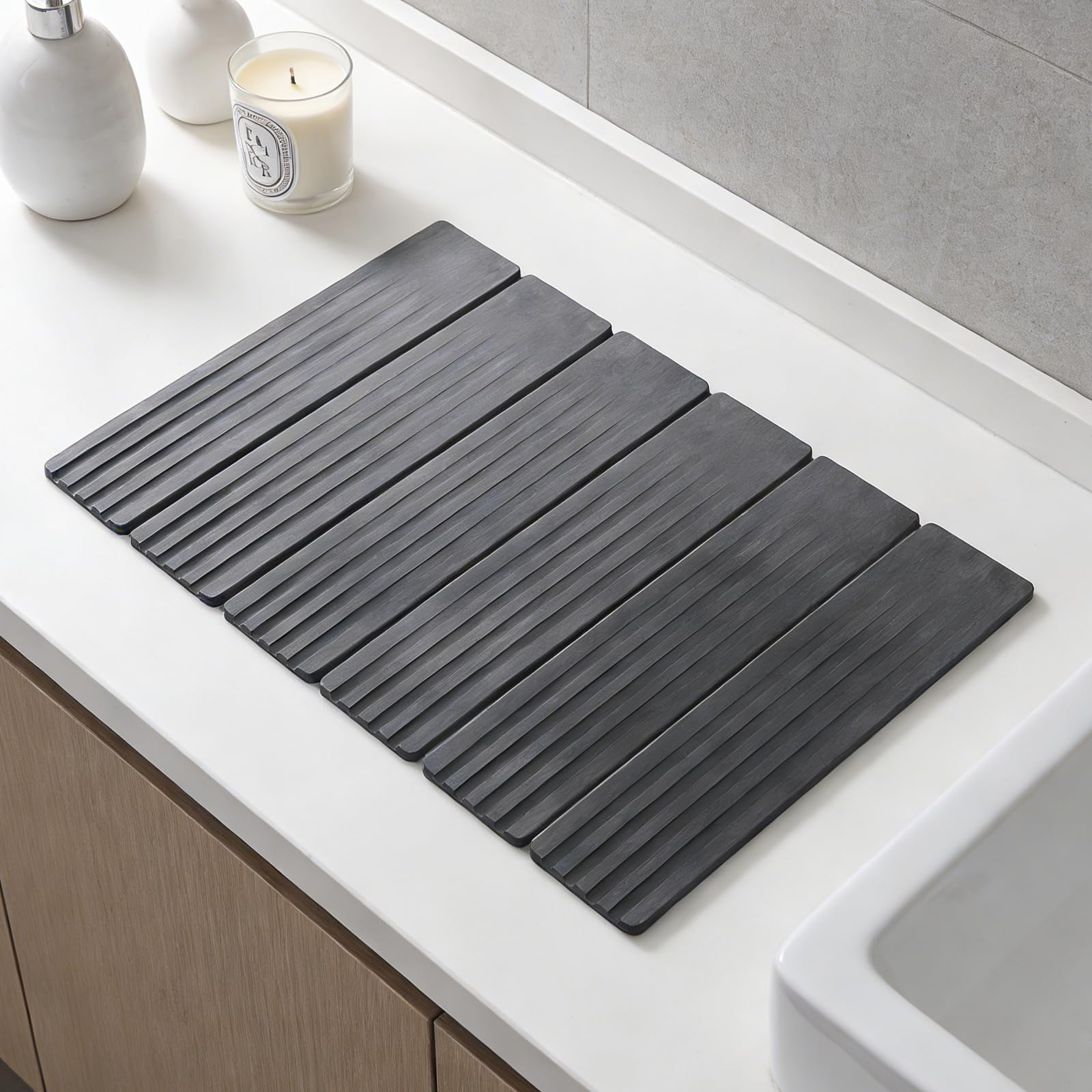 Abtropfmatte Spüle, 60×39cm Wasserabsorbierende Abtropfmatte Geschirr, Faltbare Schnelltrocknende Abtropfmatte Stein, Dish Drying Mat Geeignet FüR Badematte, Dish Drying Mat (Dunkelgrau)