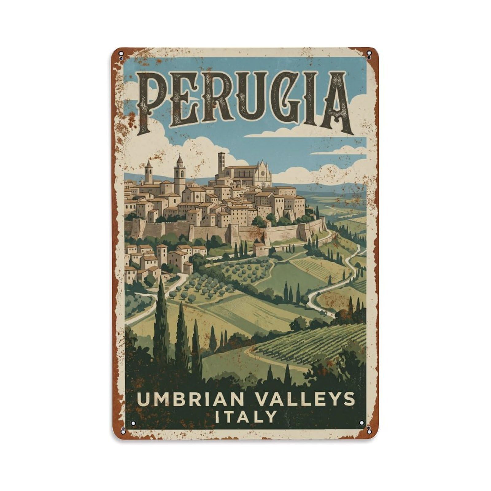 Vintage Travel Perugia Italy Metal Tin Sign Wall Decor for Cafe, Club, Garden Metal Poster 8x12Inch