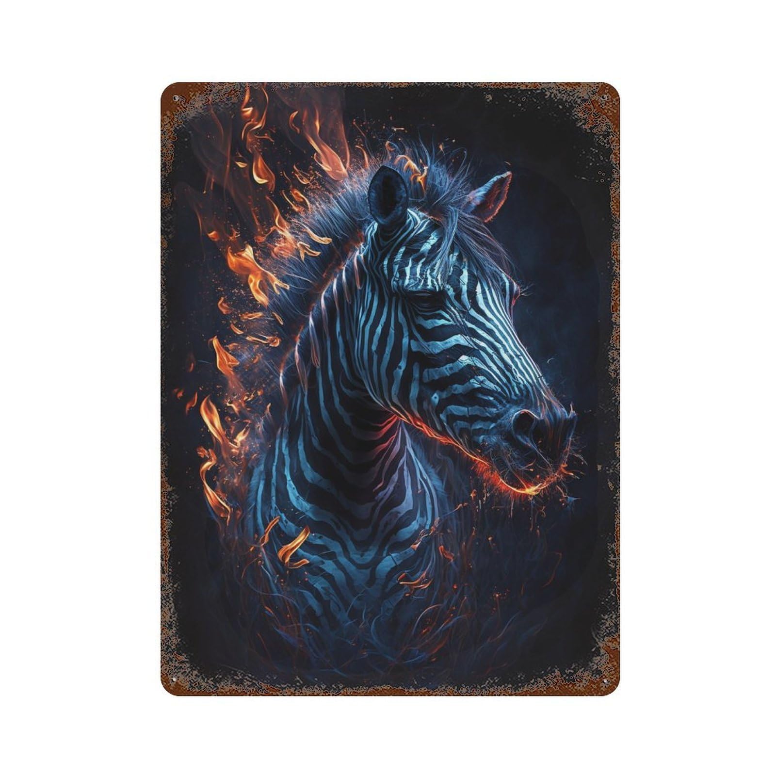 Garage Style Flaming Zebra Art Print Rusty Metal Tin Sign 15.7"x11.8", Shabby Chic Decor for Bar And Workshop