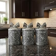 OBD Marble Tea Coffee Sugar Canisters Kitchen Storage Jars with Silver Bow Lids for Countertop Organisation (Gray)