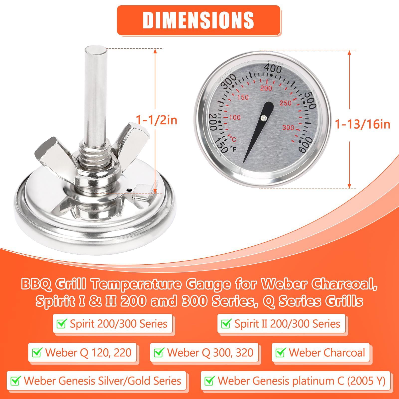 QuliMetal 60540 67031 - Termómetro de parrilla de repuesto para Weber Charcoal, GS4 Spirit II & I 200/300, Q Series, 7581 medidor de temperatura preciso para parrilla Weber Spirit E/S 210, 220, 310,