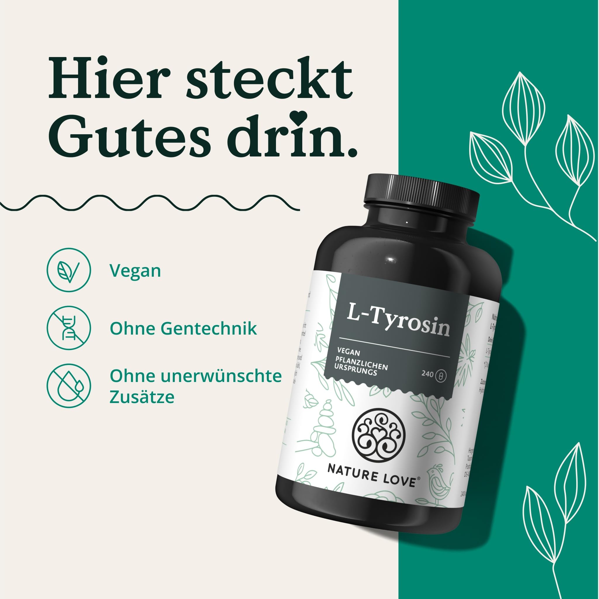 Nature Love L-Tyrosin 240 vegane Kapseln - 1000 mg pro Tagesdosis - 4 Monate Reichweite - aus Fermentation, laborgeprüft und in Deutschland produziert - ohne unerwünschte Zusätze