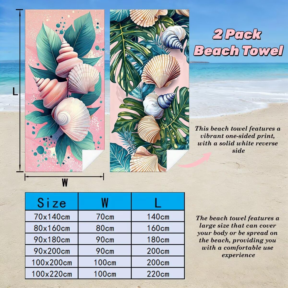 Ręcznik plażowy z mikrofibry, zestaw 2 dużych ręczników kąpielowych 100 x 200 cm, szybkoschnący ręcznik kąpielowy z muszli, ręczniki plażowe, sportowe ręczniki z mikrofibry do podróży -4854