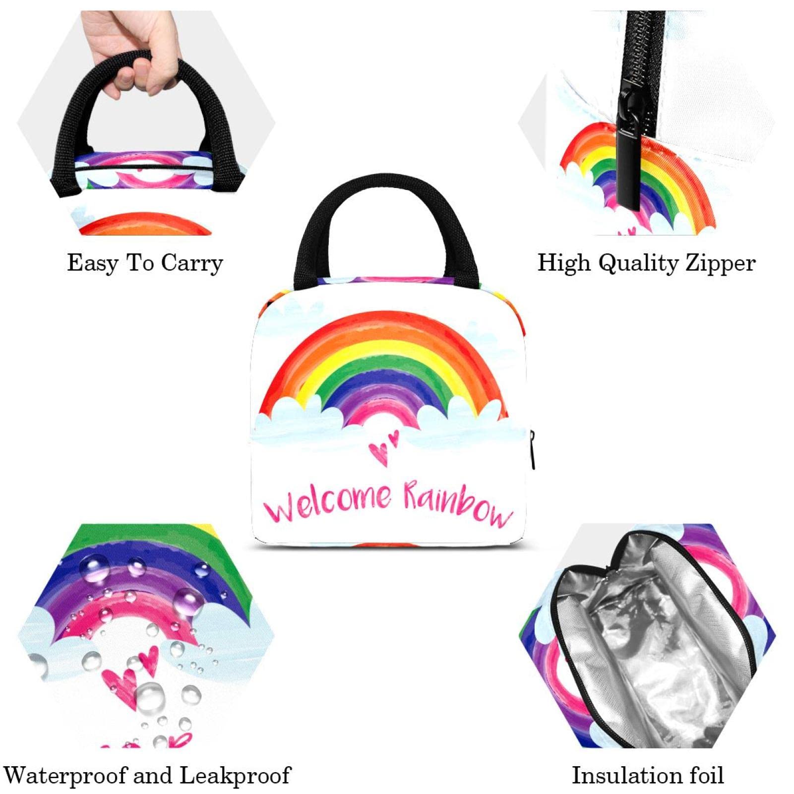 Borsa Frigo Termica Per Pranzo Con Motivo Arcobaleno E Cuore | ViolaIdeale Per Scuola, Ufficio, Picnic | 25x22x9 Cm | Tessuto Oxford 600D
