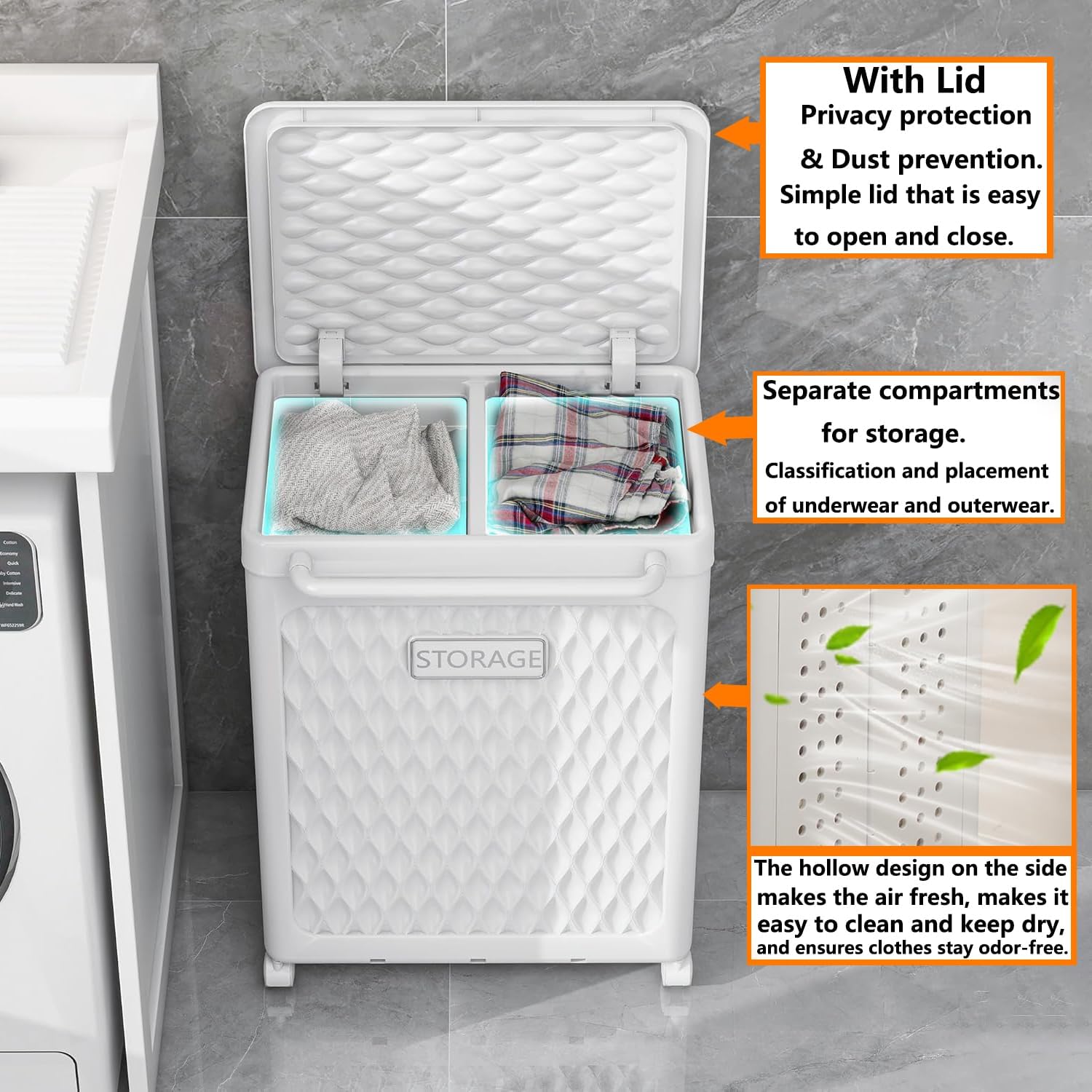 WESAPPINC 55L Collapsible Large Laundry Hamper, Plastic Laundry Basket with Wheels,Suitable for Bathroom, Bedroom, Dorm Room & Laundry Room,Basket with Handle (80L White)