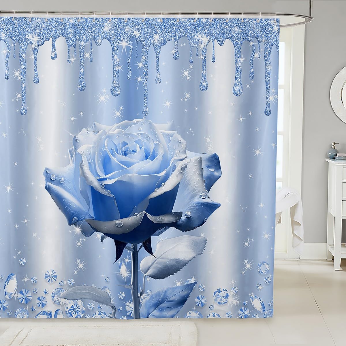 Manfei Blue Rose Shower Curtains Blue Glitter Diamond Waterproof Bath Curtains with 12 Hooks Suits for Bathtub, 3D Blue Rose Flower Bathroom Curtains