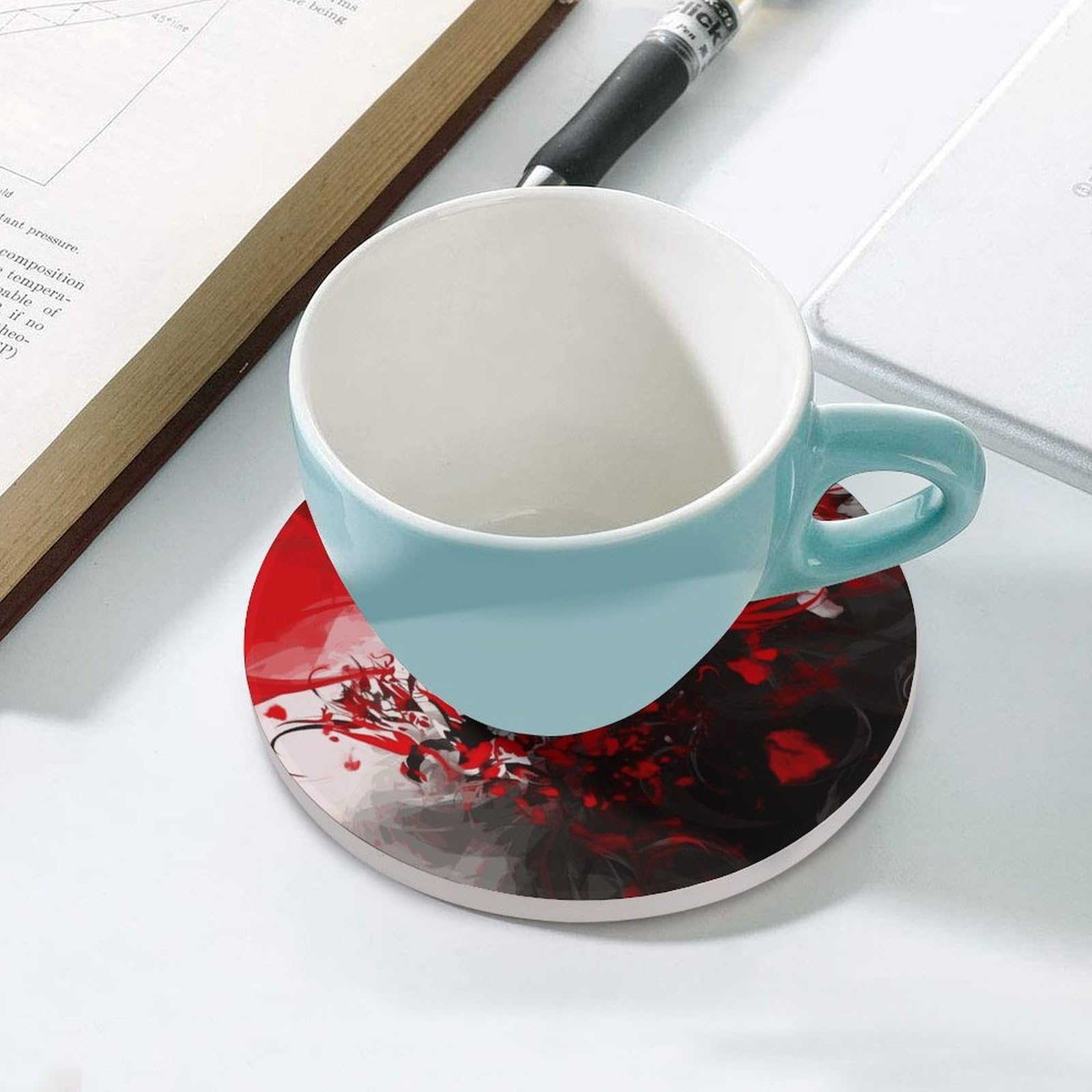 Czerwone czarne białe abstrakcyjne podstawki pod napoje z uchwytem na stolik kawowy, ceramiczna podstawka z podstawą korkową, ceramiczna podstawka kamienna do mrożonych zimnych lub gorących napojów