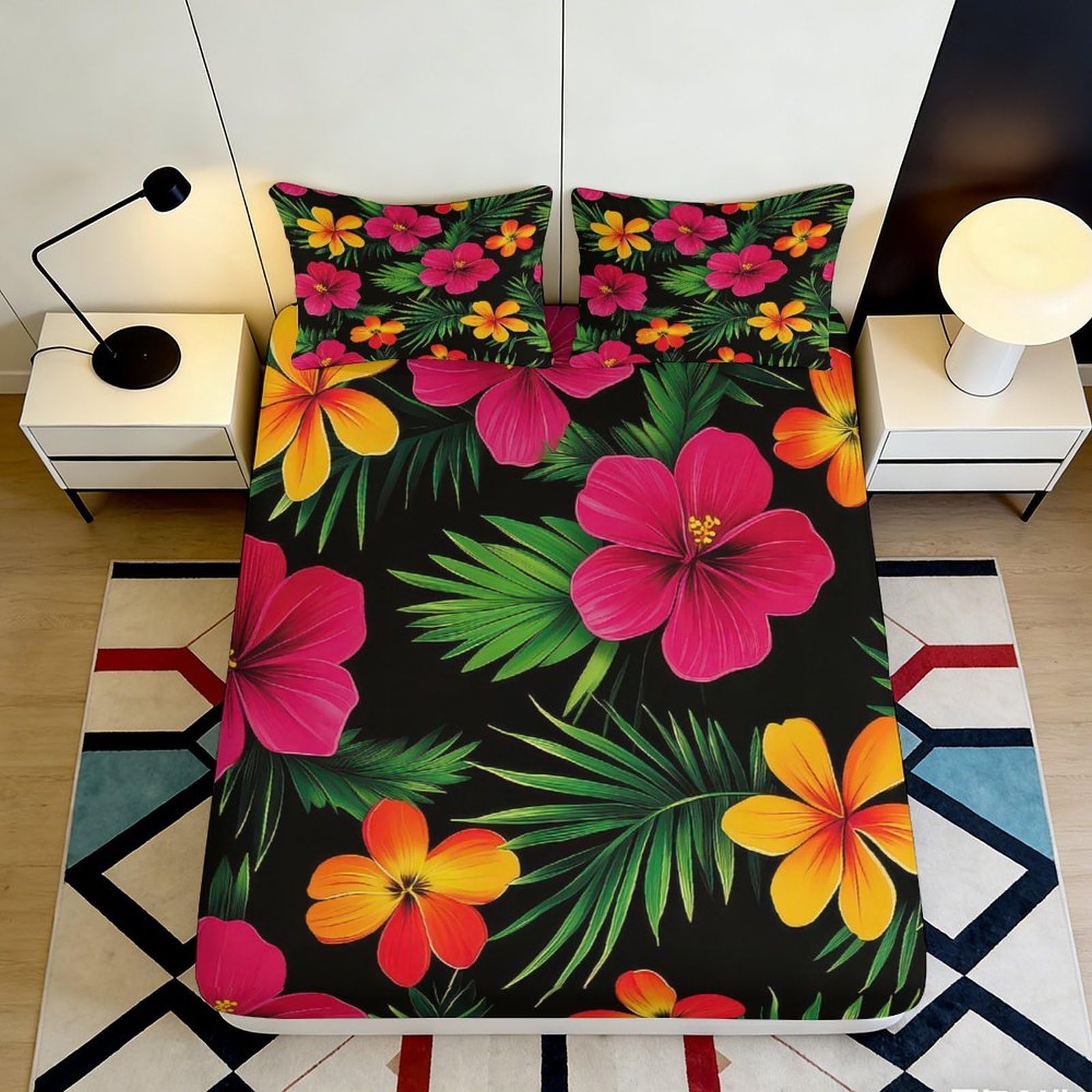 3D Printed Tropical Hibiscus Fitted Sheet Microfiber Soft Floral Leaves Mattress Cover for Bedroom Guest Room Washable Decor, Black 140x200x25cm