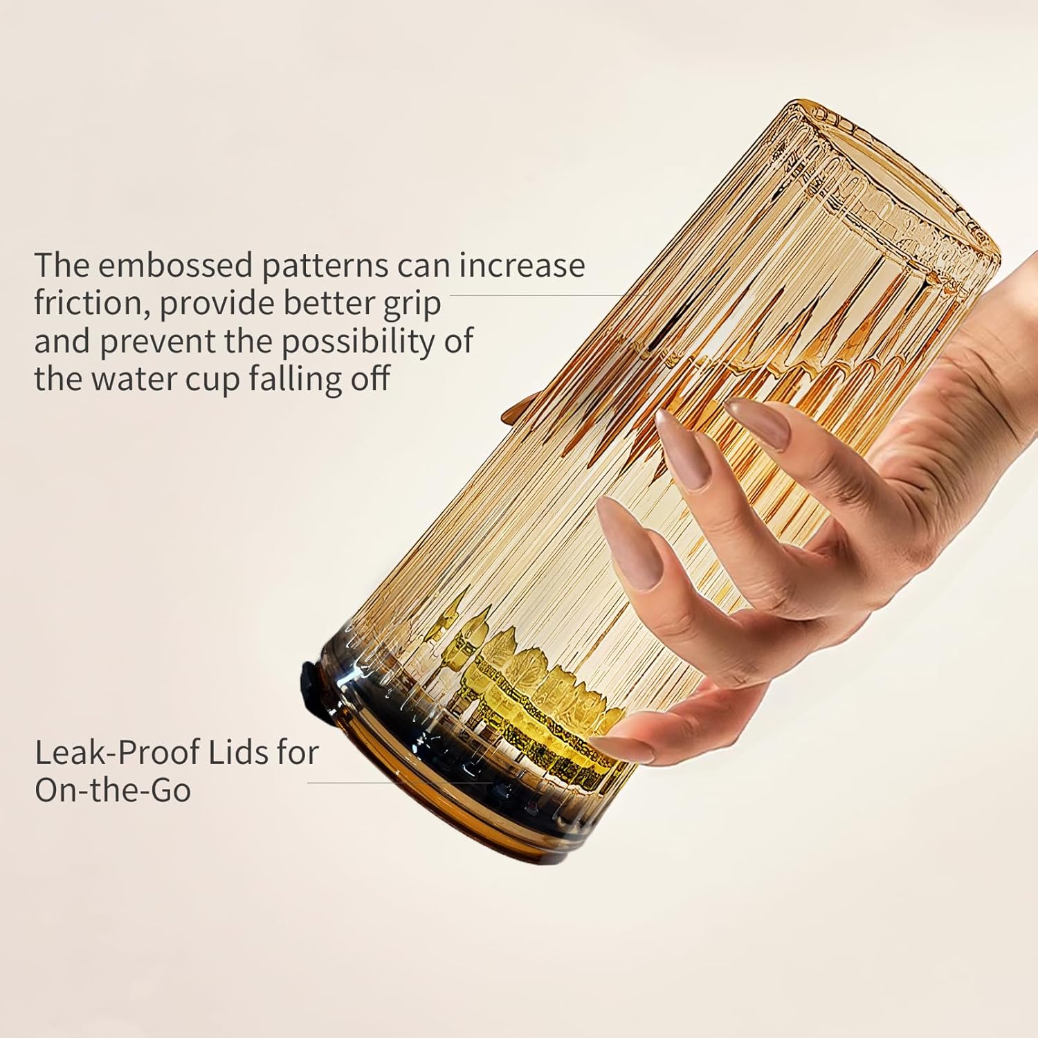 Puraville 2 Pack 18oz Glass Cups with Lids and Straws, Vintage Ribbed Striped Thickened Glassware for Whiskey Cocktail Beer, Mason Jar Drinking Glasses Tumbler Iced Coffee Cup, Amber - Image 3