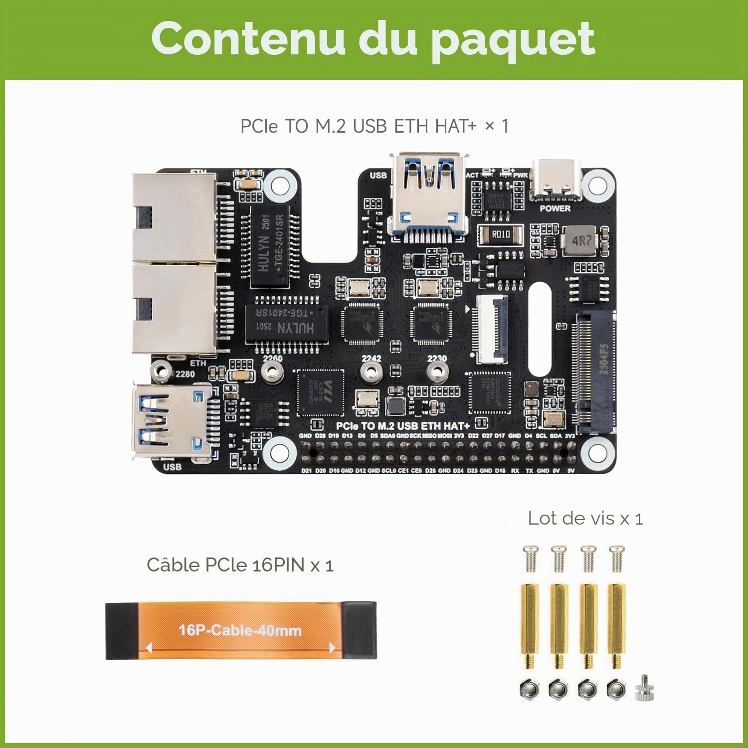 Waveshare PCIe to USB 3.2 Gen1 / 2.5G ETH/M.2 NVMe Adapter, Compatible with Raspberry Pi 5, Supports NVMe Protocol M.2 Solid State Drive, Expands 2-ch USB 3.2 Ports and 2-ch Ethernet Ports, Hat +