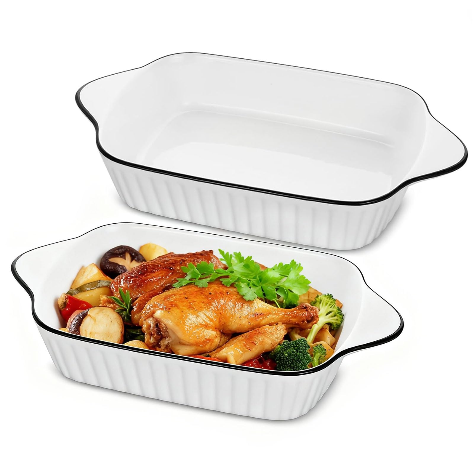 Casserole Dish, 27 x 15cm Ceramic Baking Dishes, Rectangular Lasagna Pan Deep with Handles for Baking, Oven Safe Bakeware for Roasting, Desserts, Durable & Giftable, White(2 PACK)