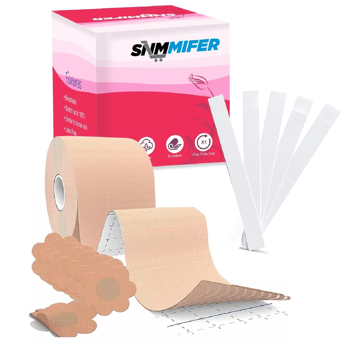 Boob Tape for Breast Lift with 10 Satin Nipple Pasties and 36 Fashion Tapes for Clothes (Beige)