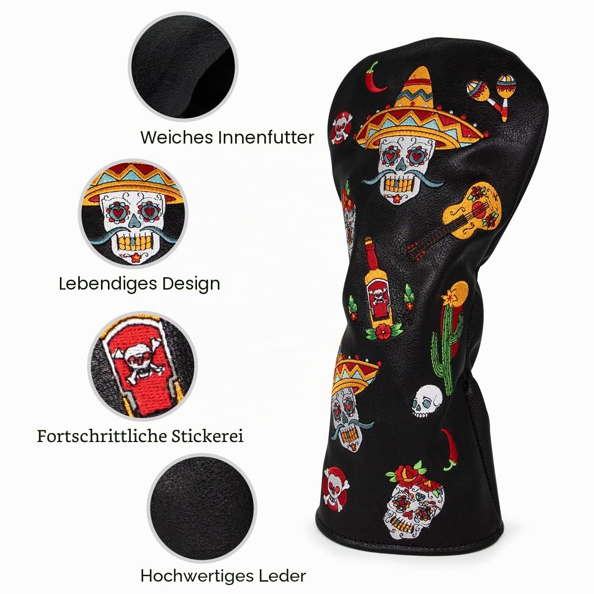 Golfschlägerhauben für Driver, Fairway-Hölzer, Hybriden und Schlägerklingen, Putter Sugar Skull Stil, Premium-Leder-Golfschlägerhauben Set mit austauschbaren Nummerntags -