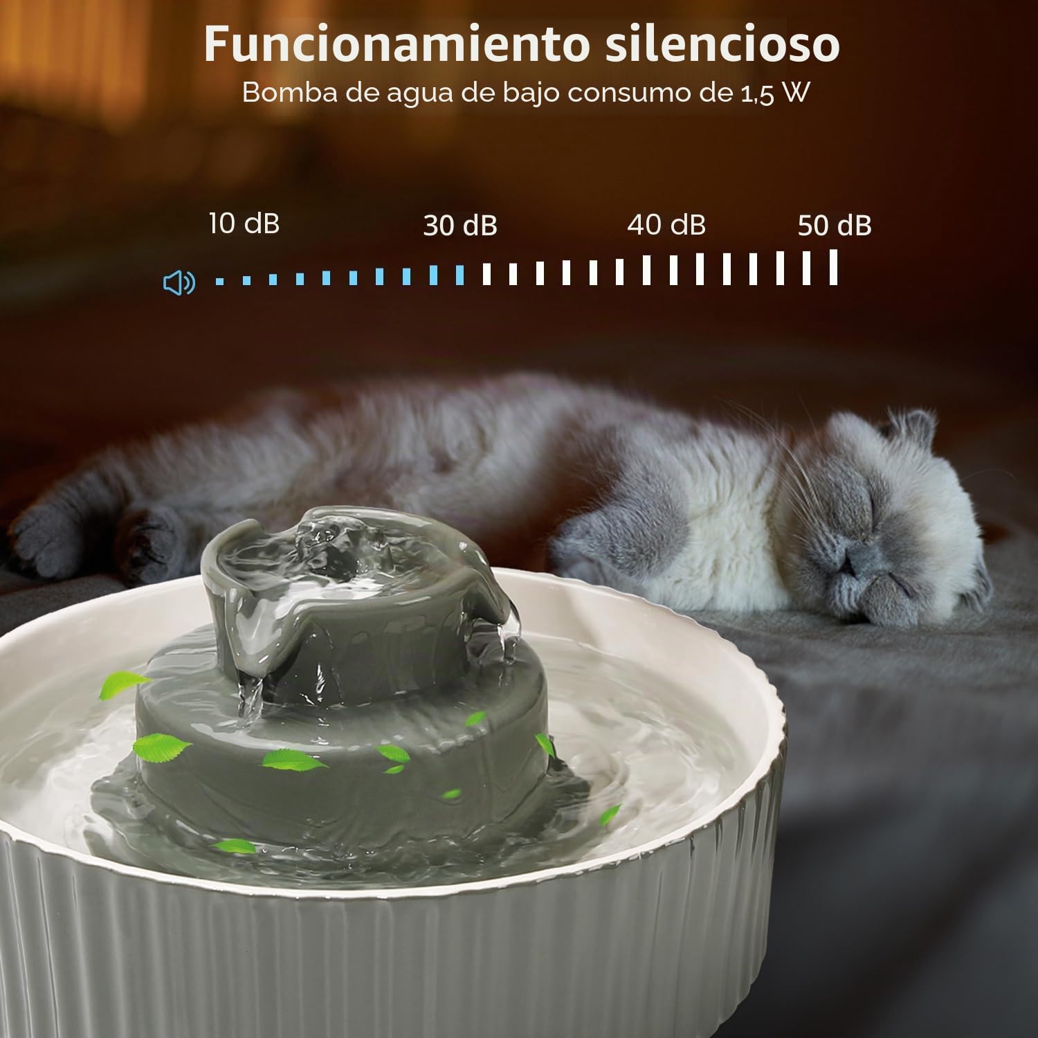 Fuente de Agua de cerámica para Gatos, 2.1L/70 onzas, Fuente de Agua automática para Gatos, Cuenco de Agua para Mascotas, dispensador de Agua de Porcelana para Gatos con Bomba ultrasilenciosa para